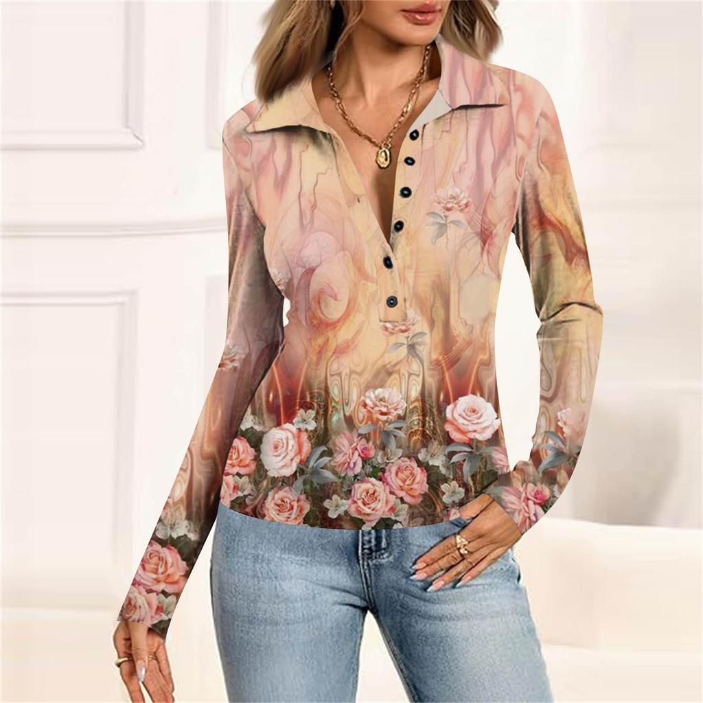 Women's Fashion Casual Printed V-Neck Long Sleeve Button-Down Top