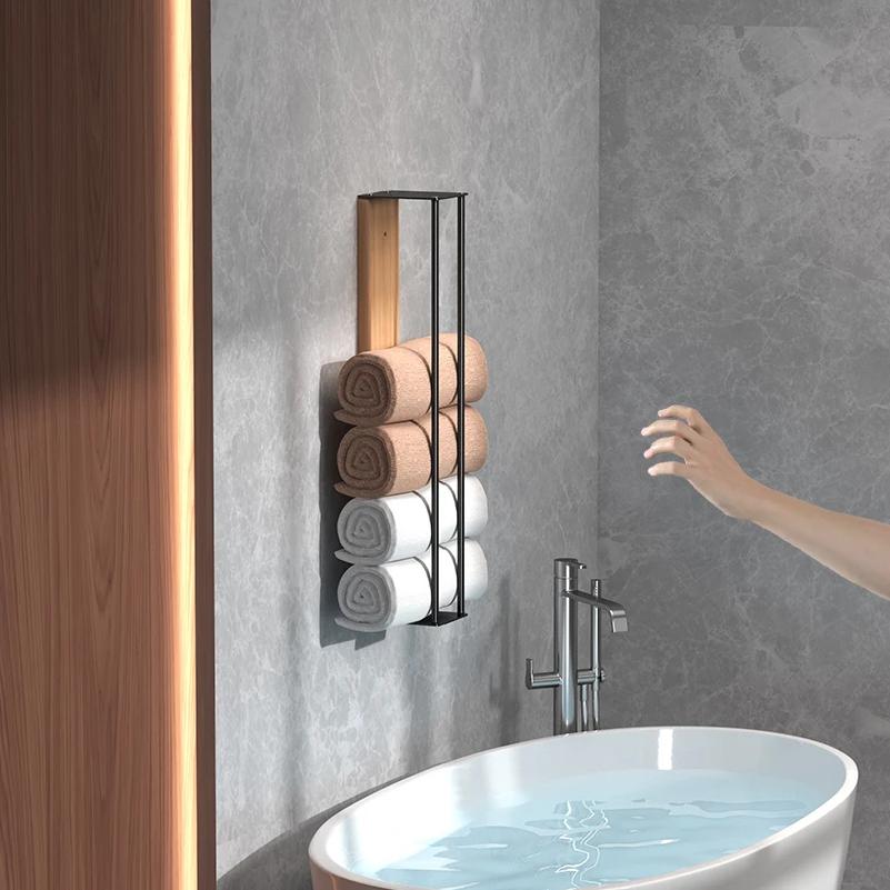 Bathroom wall mounted towel rack, bathroom decorative towel rack, towel hanging rack, roll towel storage, no drilling required