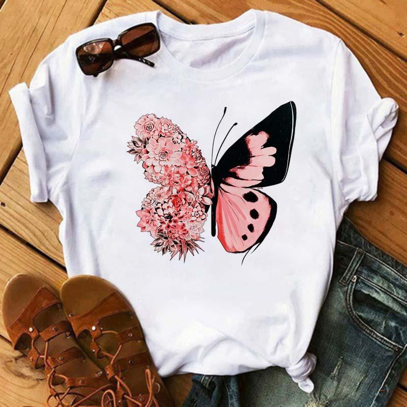 Summer Butterfly Print Plus Size Loose Round Neck Pure Cotton Short Sleeved Top T-Shirts Women’s Tees