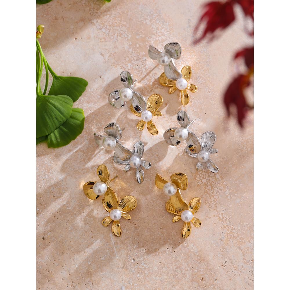 Yhpup Fashion Imitation Pearls Flower Drop Earrings for Women Stainless Steel Korean Style Elegance Popular Jewelry Gift