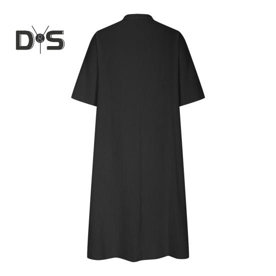 Summer Spring Dress with Pockets Buttoned V Neck Pleated Loose A-line Hem Half Sleeves Solid Color Midi Dress for Daily Wear Party Dating