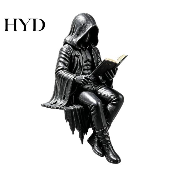 Halloween-Figur Harz Gotisch Dark Fantasy Figur, Lesender Kapuzen-Sensenmann Statue, Skelett Statue Sitzend für Bücherregal Heimdeko