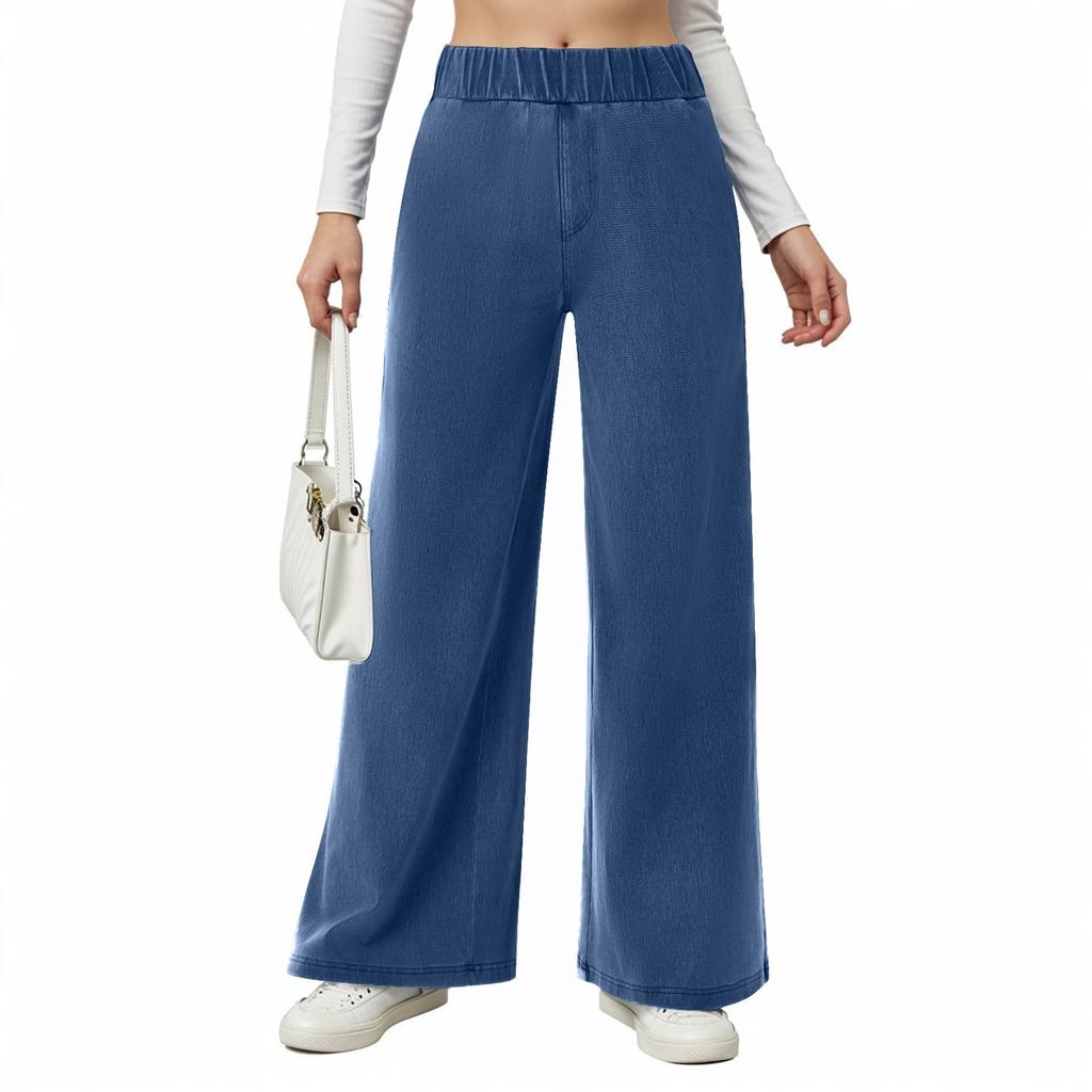 Jeans da donna a gamba larga elasticizzati a vita media con elastico, pantaloni in denim larghi e ampi con tasche, casual alla moda