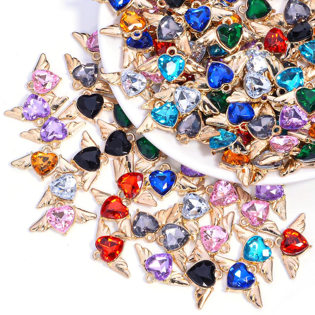 10Pcs Heart Wings Charms Alloy Colorful Rhinestone Romantic Pendant for Jewelry Accessories DIY Making Earrings Necklace Charm
