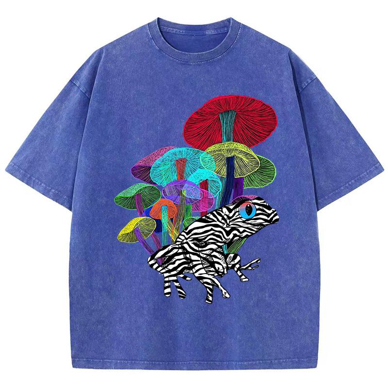 Neon Style Frog With Mushrooms Print Women Washed T-Shirt Loose O-Neck T Shirts Cotton Clothes Vintage Short Sleeves