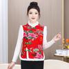 New Chinese Style Red Floral Padded Vest for Middle-Aged & Elderly Women - Thick Short Coat for Autumn/Winter