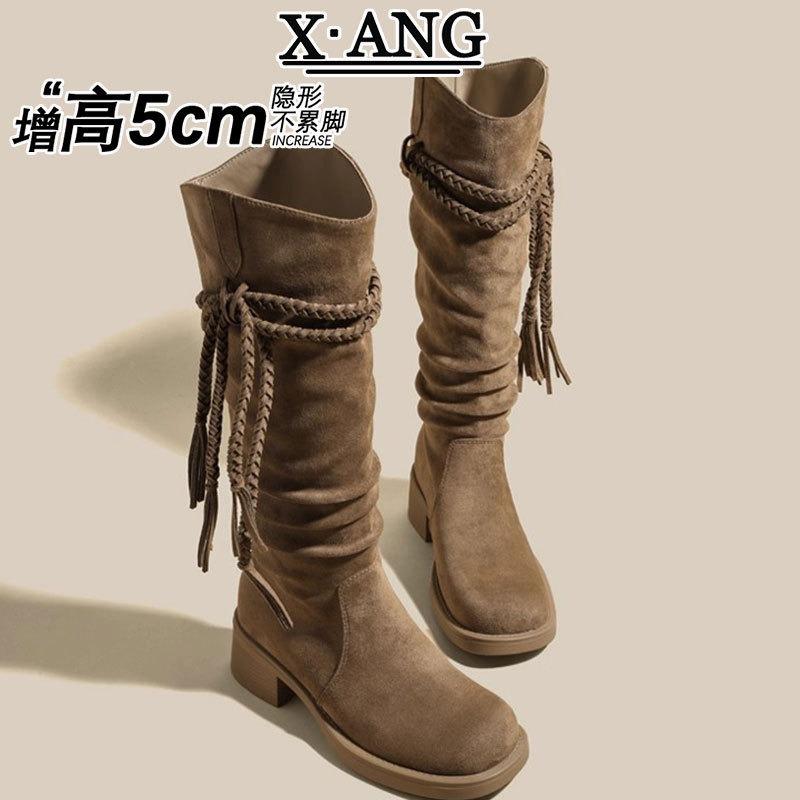 Cowhide version but knee high boots children thick heel thin knight boots fringed pile boots western cowboy boots long boots