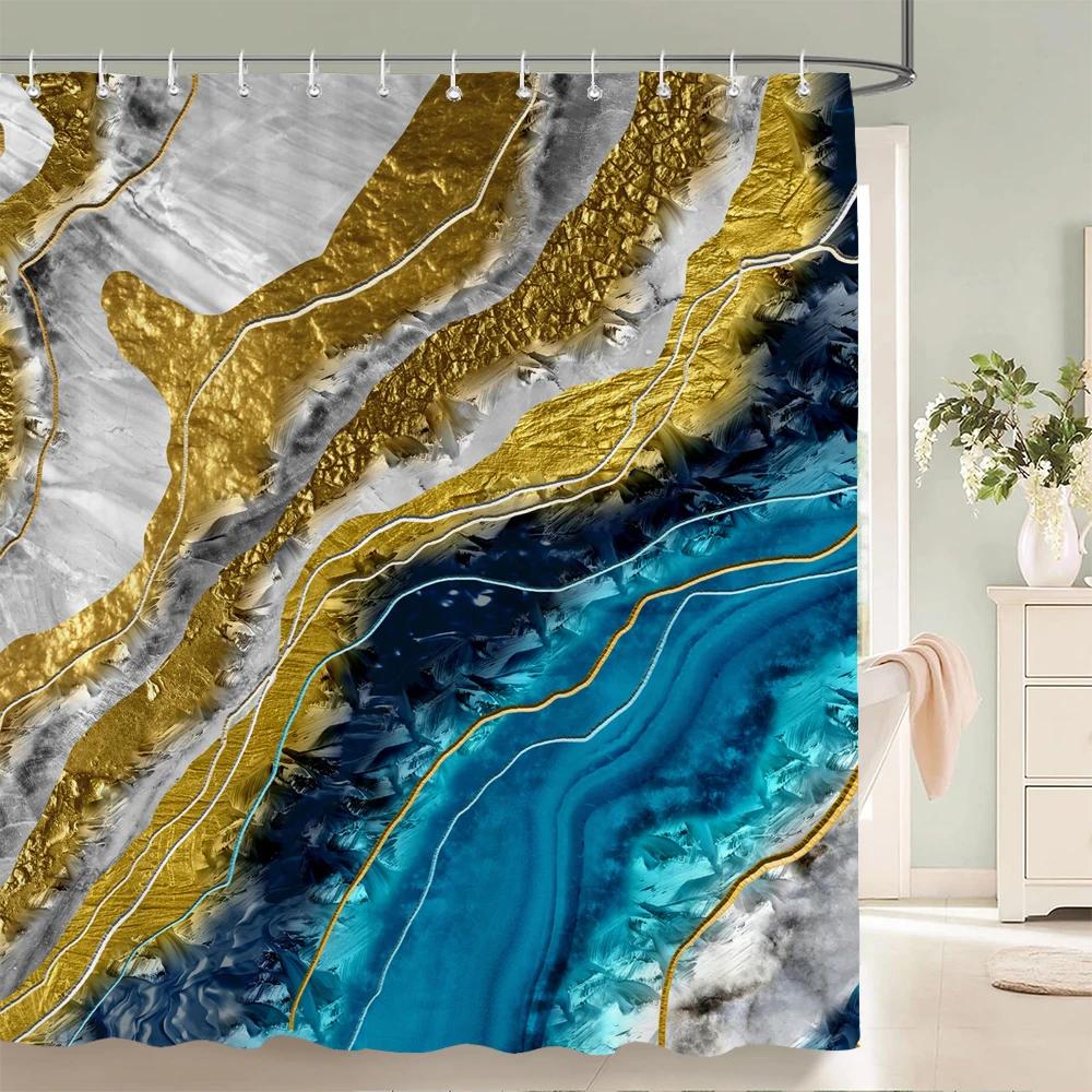 Blue Gold Marble Ink Texture Shower Curtain Abstract Modern Shower Curtain for Bathroom Decor with Hooks 3D Bathroom Screen