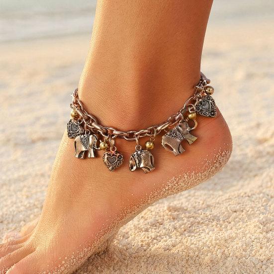 Retro Anklet, Bohemian Beach Style, with Carved Hearts Elephant Pendants, Scratch-Resistant Durable Anklet Bracelet Jewelry