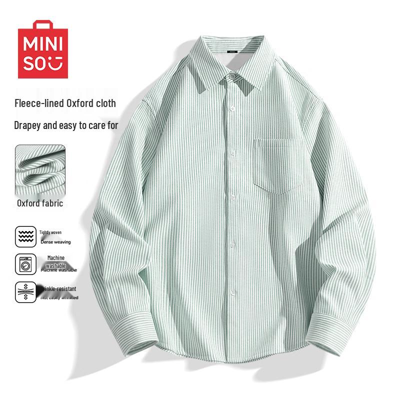 MINISO Men's Striped Oxford Fleece-Lined Shirt