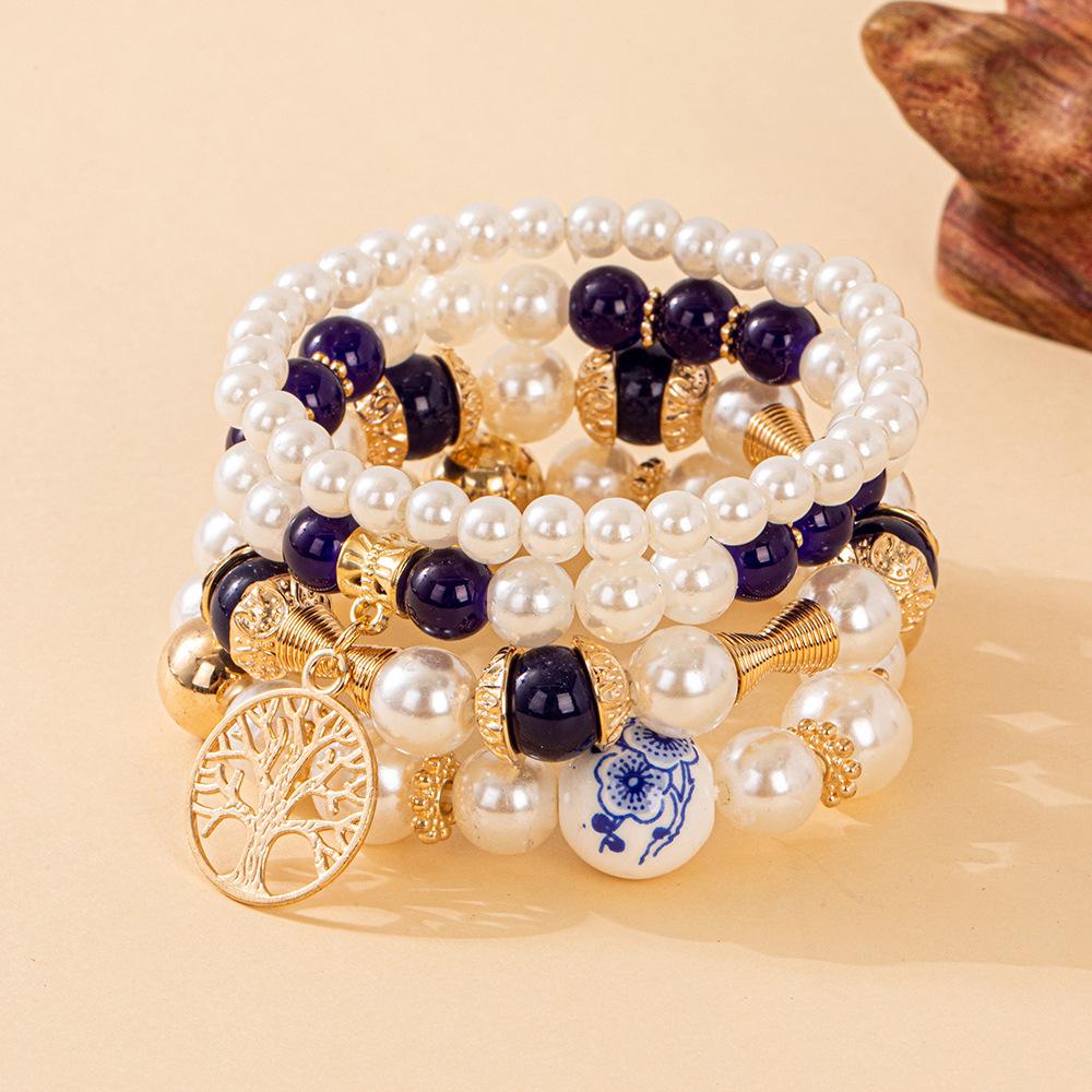 Bohemian Beaded Bracelet Set with Tree of Life Pendant and Faux Pearls
