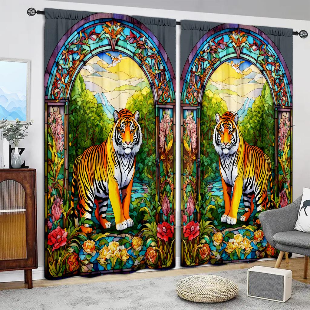 2pcs Colored Glass Tiger Printed Curtain for Home Decor - Rod Pocket Window Treatment for Bedroom, Office, Kitchen, Living Room