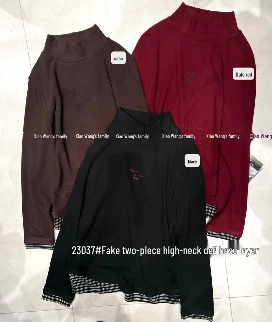 Xiao Wang's Winter Korean Loose Fit Plus Size High Neck Letter Faux Two-Piece T-Shirt