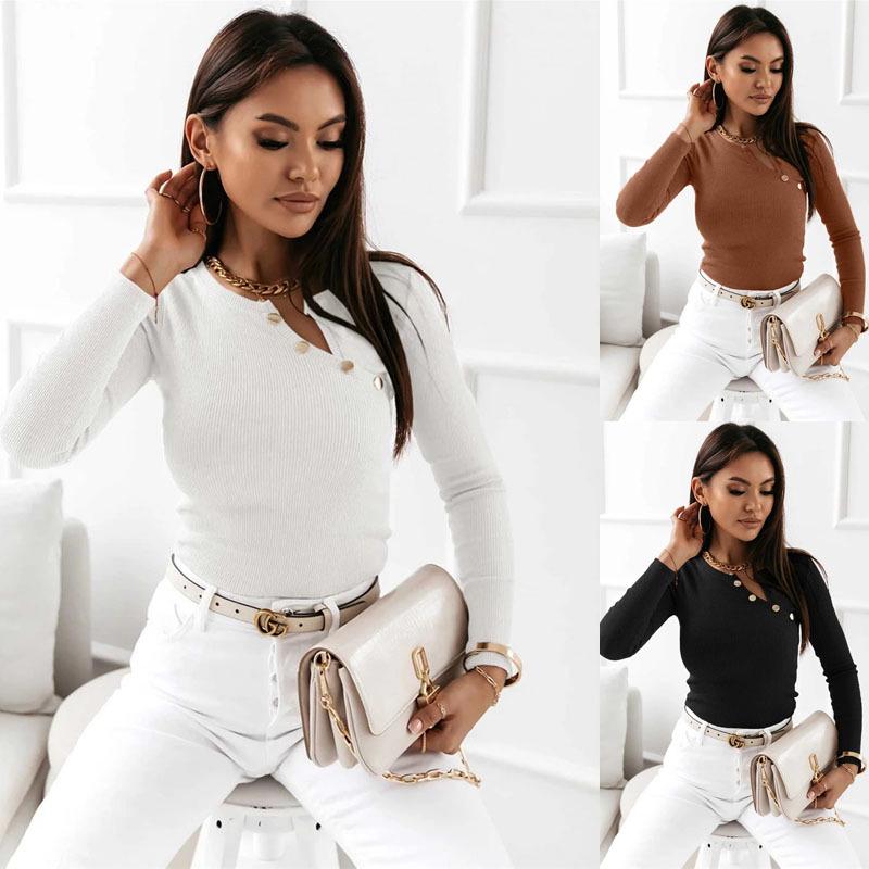 2024 Simple Ribbed V-Neck Long Sleeve Button Women's Top for Autumn/Winter