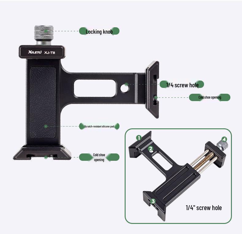 XJT8 Metal Phone Tripod Clamp with Cold Shoe & Mount Head for Desktop Cameras