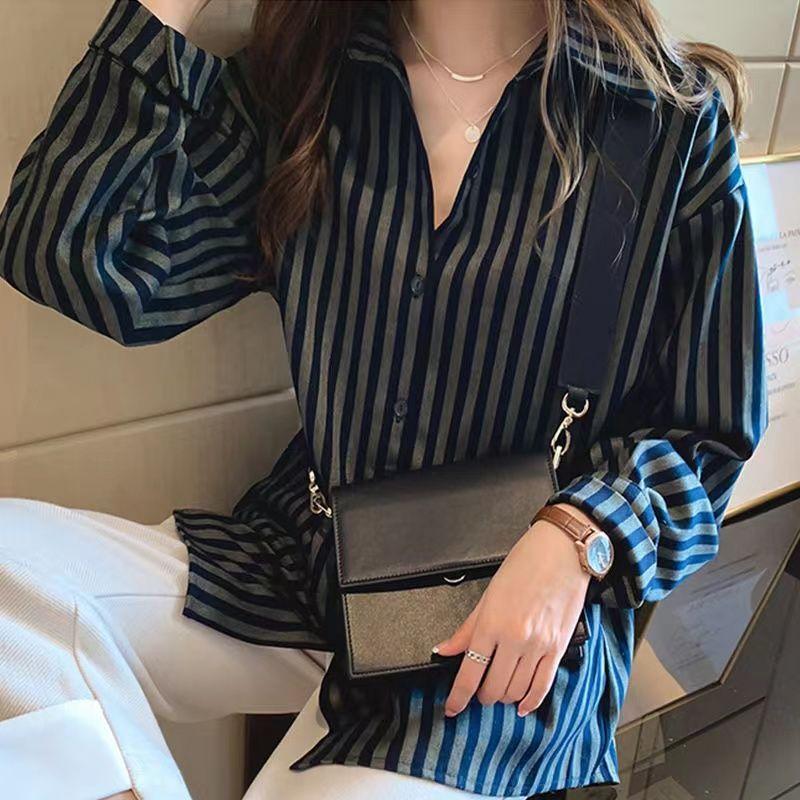 Women's Striped Plus Size Lazy Style Shirt Spring and Autumn Casual Versatile Long Sleeved BF Style Shirt
