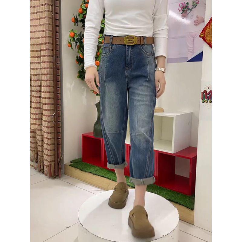 Plus Size Women's High-Waisted Loose Fit Curved Jeans for Pear-Shaped Body – Autumn Slim Nine-Point Dad Pants