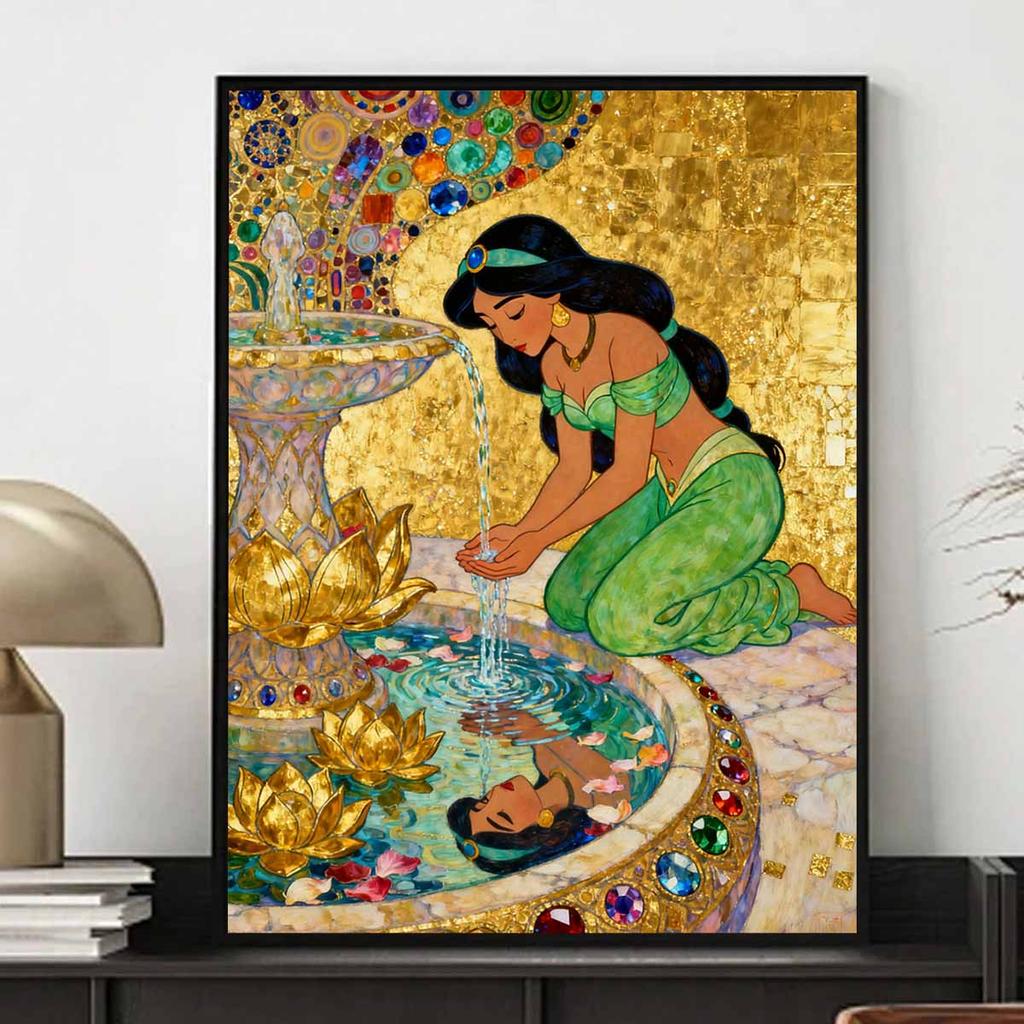 Disney diamond painting handmade diy flat 5D Jasmine princess fountain gold background painting art home decoration