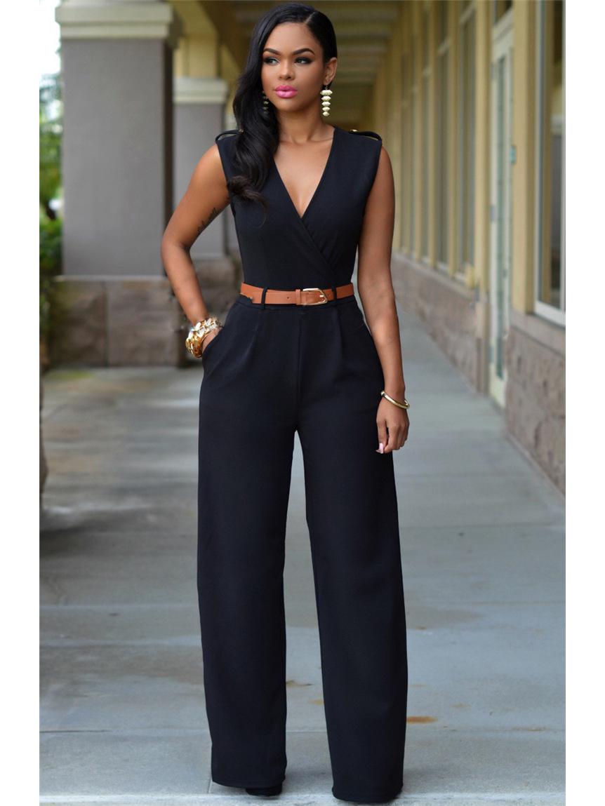 

Летний однотонный комбинезон без рукавов с высокой талией и V-образным вырезом для женщин S чёрный