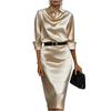 Women Satin Long Sleeve Dress Elegant Waist Design Cowl Neck Midi Dress with Belt for Summer Office Party