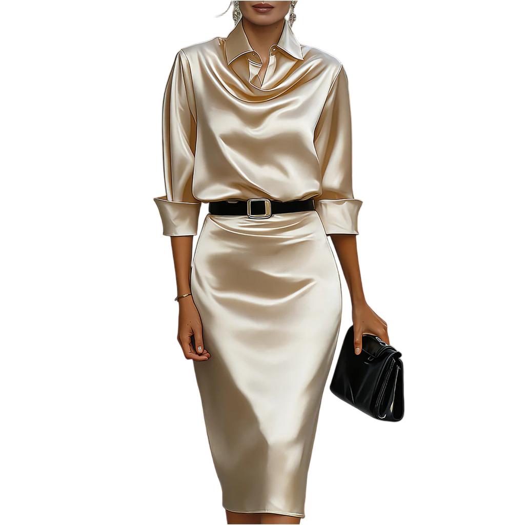 Women Satin Long Sleeve Dress Elegant Waist Design Cowl Neck Midi Dress with Belt for Summer Office Party