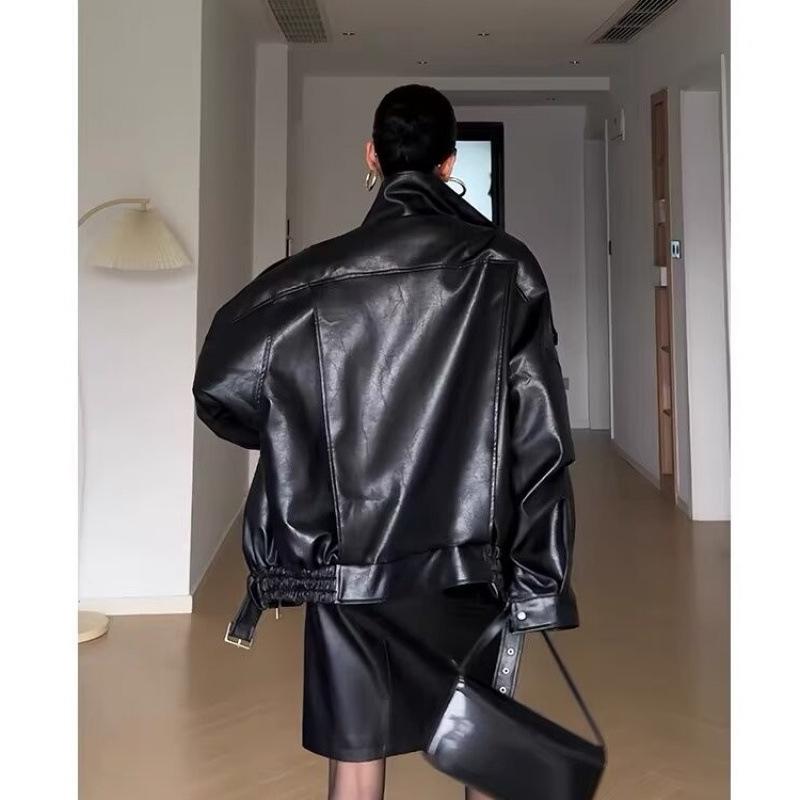 Women's American Retro Coffee Leather Motorcycle Jacket (Autumn 2024) - Short, Loose, Slimming Design