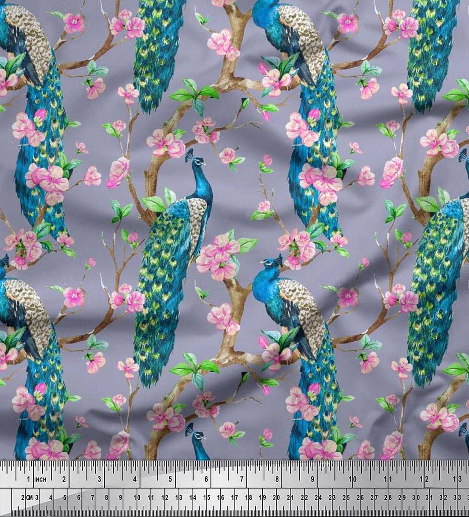 Soimoi Black Poly Crepe Fabric Pink Flower|Branch & Peacock Bird Print Fabric by the Yard 42 Inch