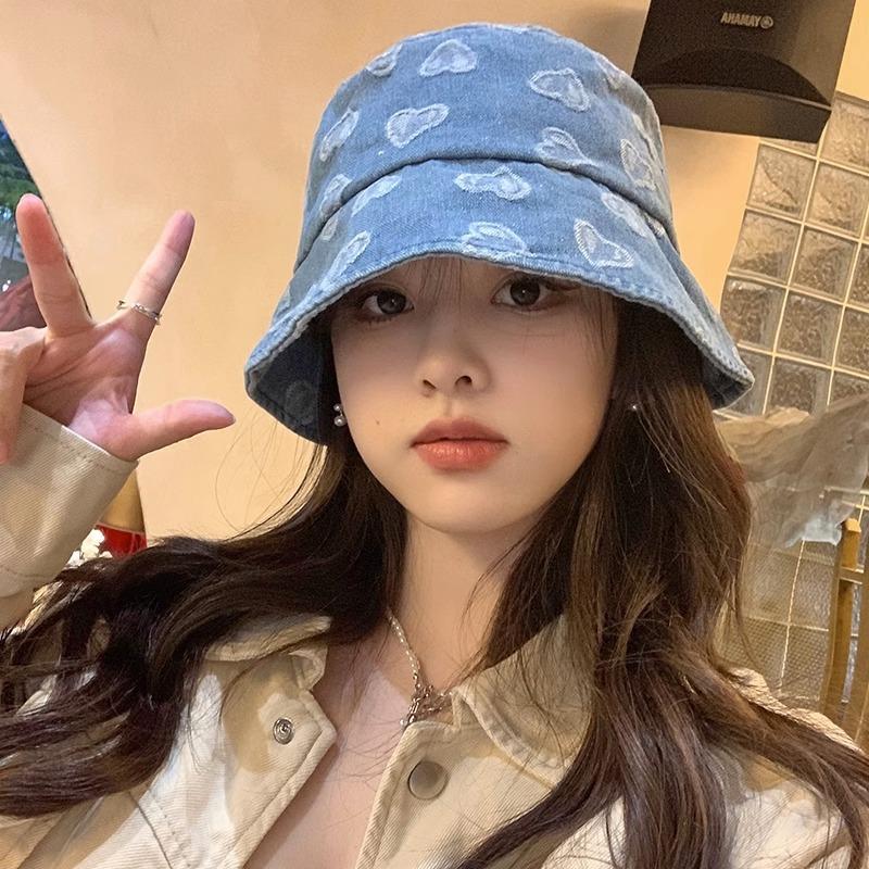 Love Heart Print Denim Bucket Hats for Women Korean Summer Panama Fisherman Caps Outdoor Travel Lady Sunscreen Basin Caps