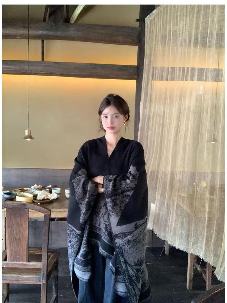 Women's Black & Grey Ethnic Jacquard Shawl with Tassels - Autumn/Winter Warm Travel Cape