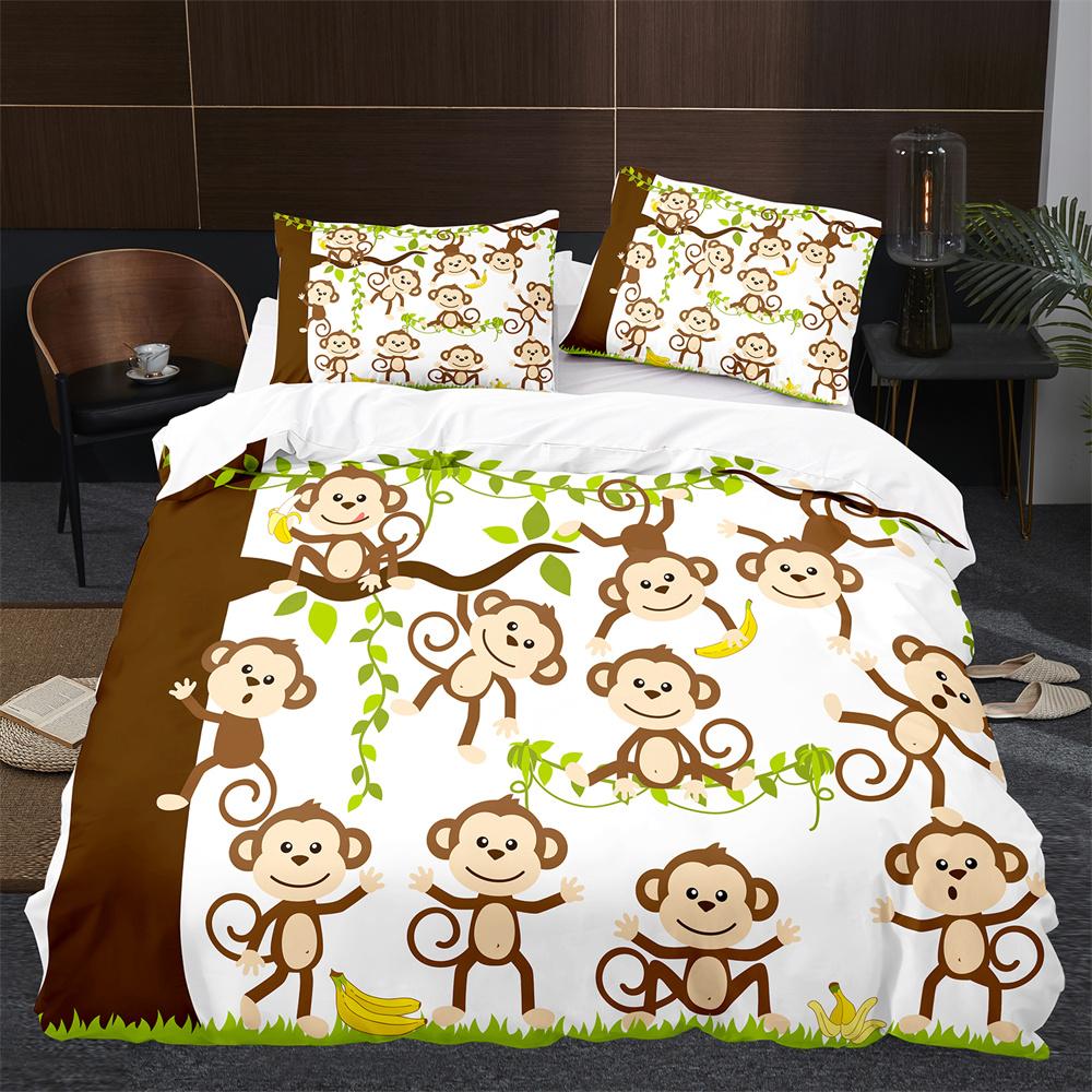 Monkey Duvet Cover King Queen Lovely Cartoon Animal Bedding Set For Kids Boy Girl Green Jungle Tree 2/3pcs Polyester Quilt Cover