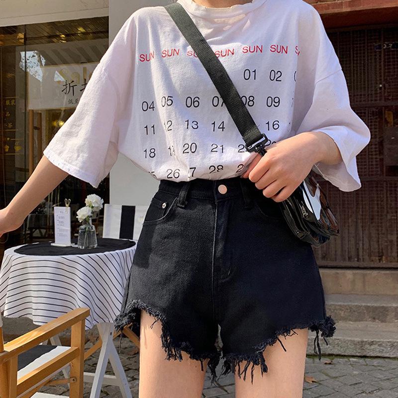 

Лето 2021 г. Женские джинсовые шорты с высокой талией и широкими штанинами, необработанный край, А-силуэт с отверстиями S чёрный