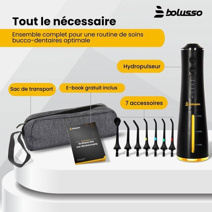 Bolusso Hydropulseur Dentaire Sans Fil – 7 Embouts Avec Étui De Voyage Et Livre Électronique, 4 Modes, Réservoir De 300 Ml, Gratte
