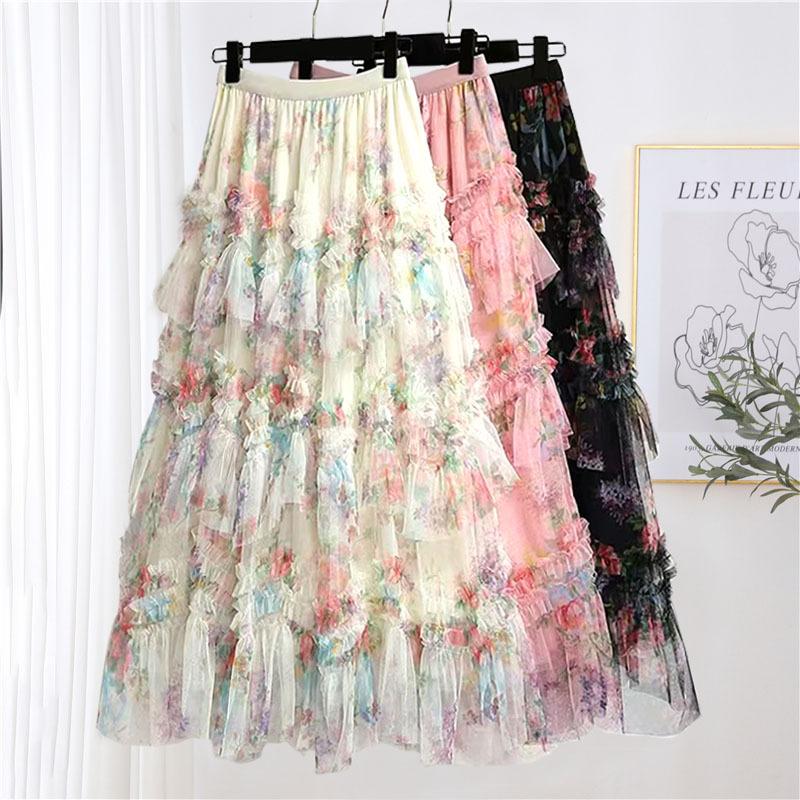 Women's Irregular Floral Half Skirt Spring and Autumn New French Style Long Skirt A-line Skirt