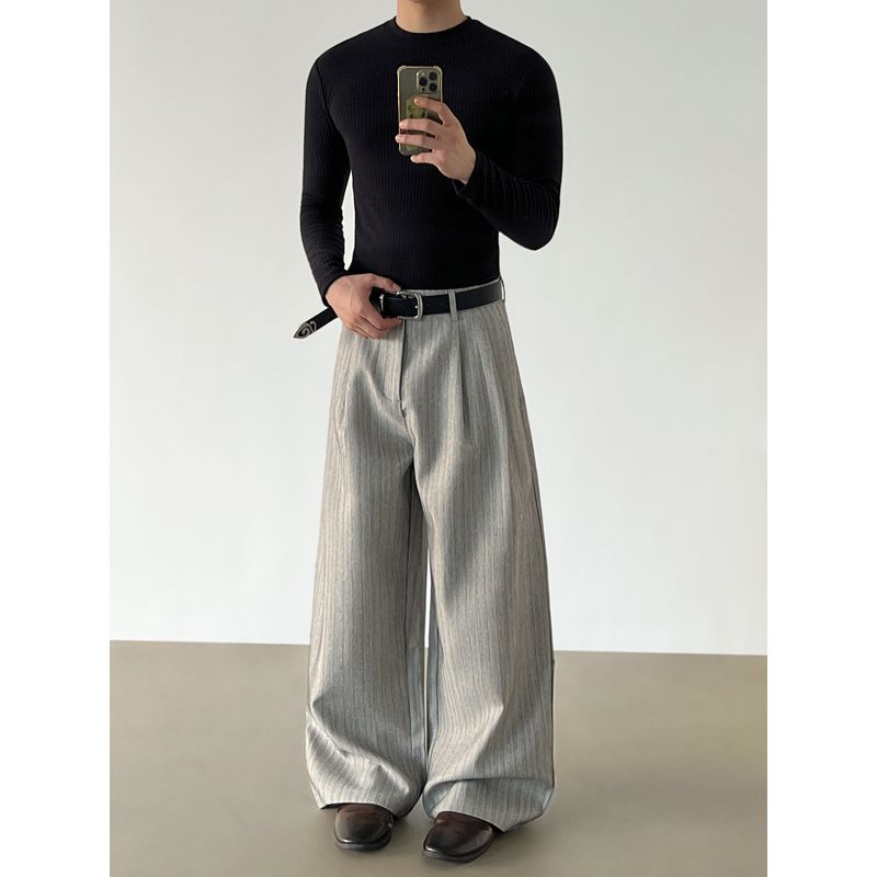 Blaexit Old Money Style Cleanfit Gray Striped Trousers Unisex Casual Drape Loose A-Line Wide-Leg Pants