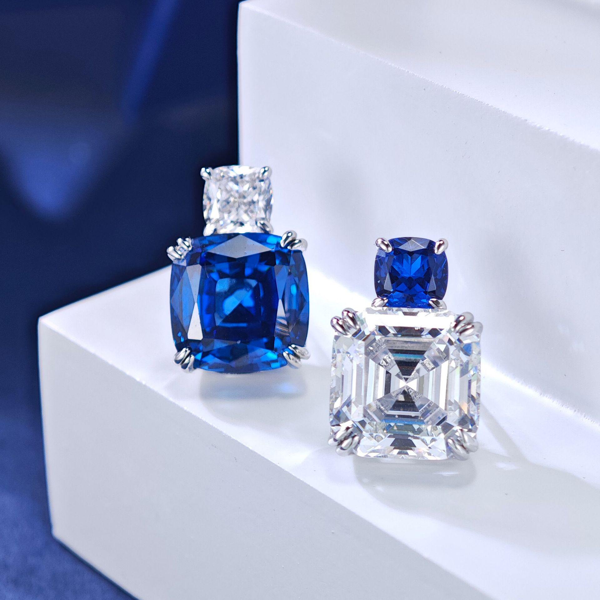 

2024 AB Style Sterling Silver Blue & White Geometric Earrings with High Carbon Diamond for Women 5 Carat