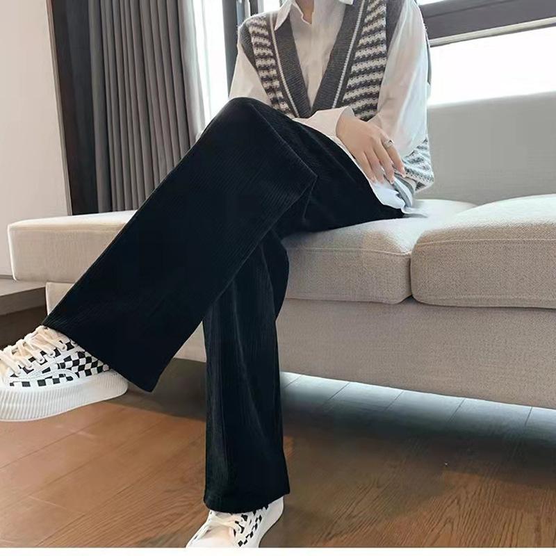 Chenille Wide Leg Pants Women Fleece Lined Autumn Winter Slim Draping Straight Cut Relaxed Corduroy Trousers