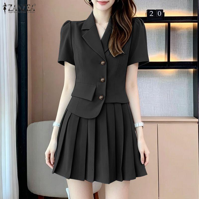 ZANZEA Women Short Sleeve Blouse and Pleated Skirts Casual Two Piece Sets