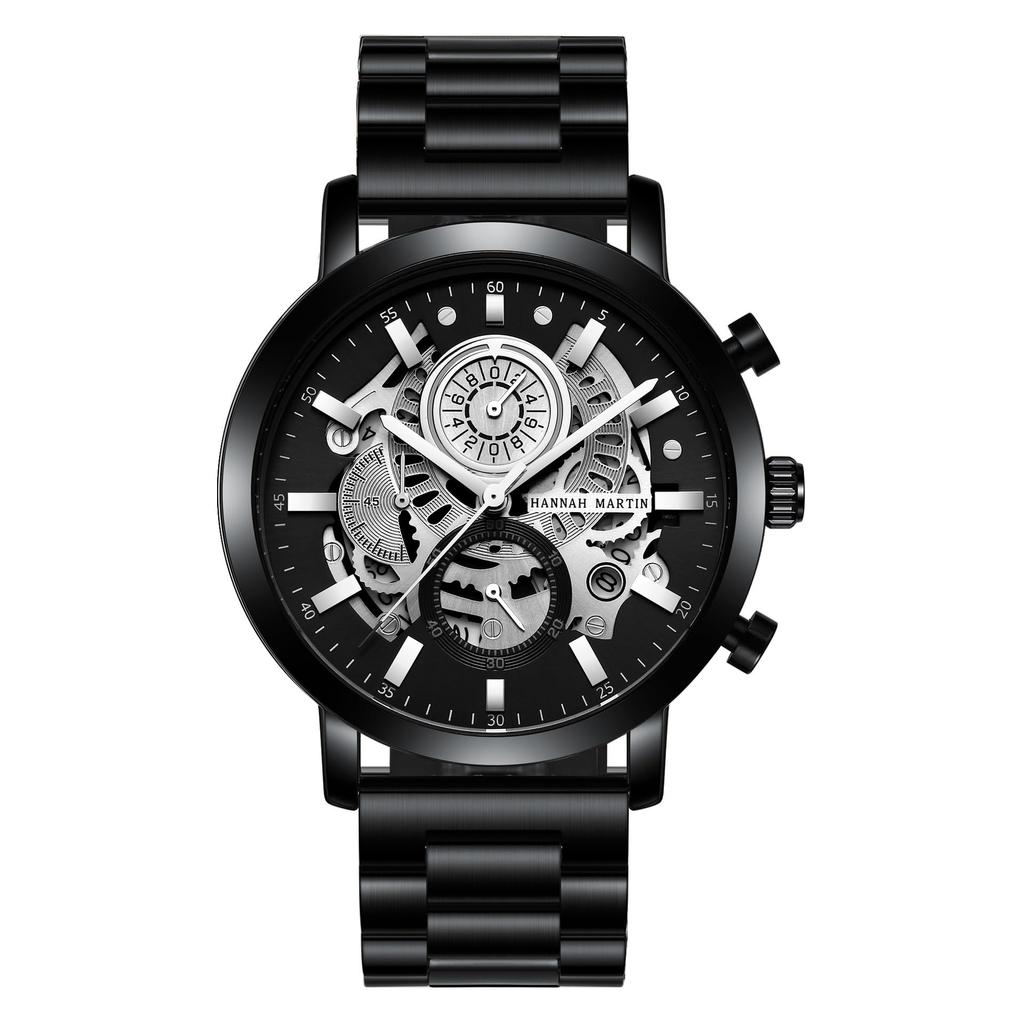 Men's Multi-Function Calendar Watch, Non-Mechanical, Black Gold, Business Waterproof, Trendy Steel Band Wristwatch (1094YH Silver Face Black Band)