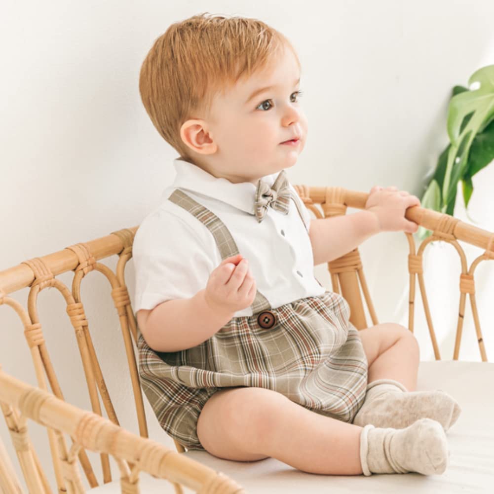 Elf Baby Layered Style Formal Short Sleeve Summer Ceremony Romper Wedding Clothes Boys [Fairy Baby] (Check Gray, 73CM)