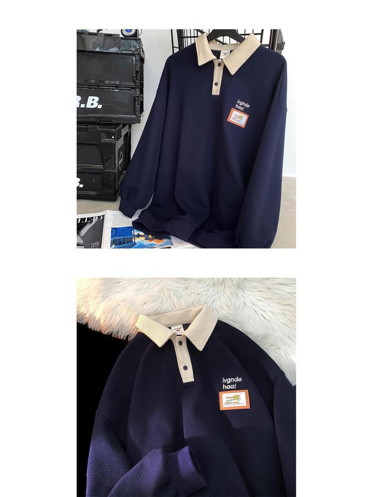 Męska koszulka polo wafelkowa w stylu vintage retro - luźny krój, kołnierzyk z klapami, na wiosnę/jesień, styl unisex