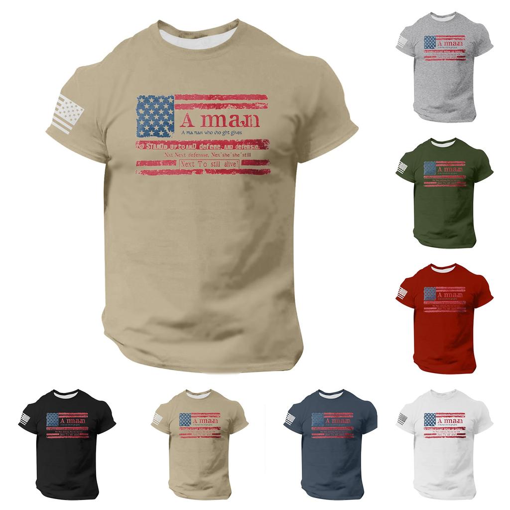 Men's Fashion Casual Short Sleeve Round Neck Independence Day Flag T-Shirt Top