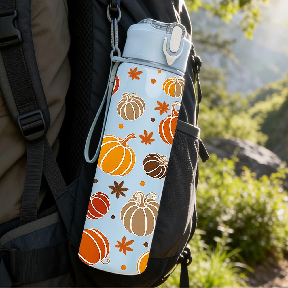 1PC Fall Pumpkin Seamless Pattern Print 750ml Color Plastic Sports Water Bottle Leakproof Flip Straw Lid Suitable for Sports Office Home Use