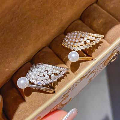 Trendy Pearl Fairy Feather Open Ring: Unique Design Women's Statement Jewelry