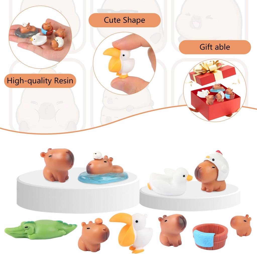 9/18PCS Mini Capybara Resin Figurines – Cute Car Dashboard Ornaments Set, Kawaii Animal Decor for Console, Desktop & Room