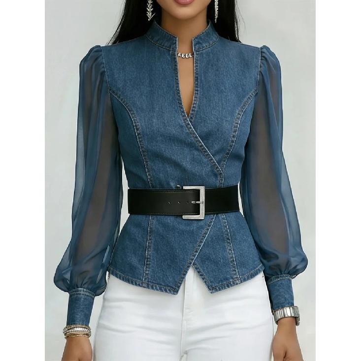 2026 Women s New Spring and Autumn V-neck Lace Patchwork Long Sleeve Blouse S синий