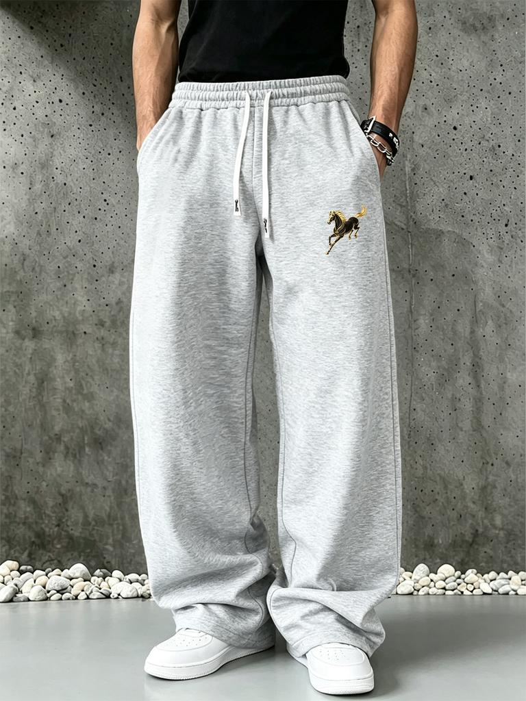 Men Casual Wide Leg Sweatpants, Drawstring Waist Trousers with Side Pockets for Relaxing Days and Street Outfits
