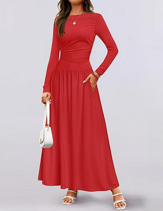 2025 Cross-border Women's Round Neck Pleated Pocket Slim Fit Long Sleeve Knit Dress