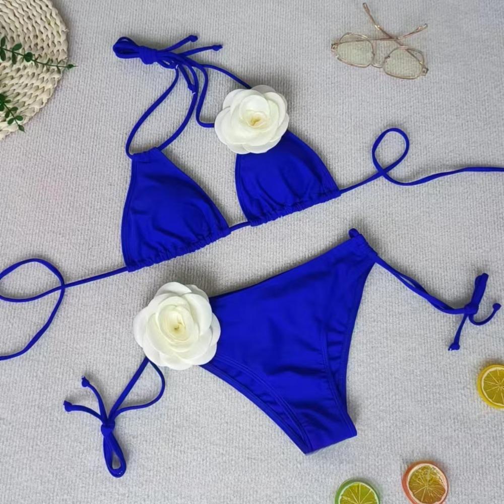 

Европейский и американский женский купальник-бикини, сексуальный, со шнуровкой, с трехточечным разрезом, с трехмерным цветочным узором XL синий