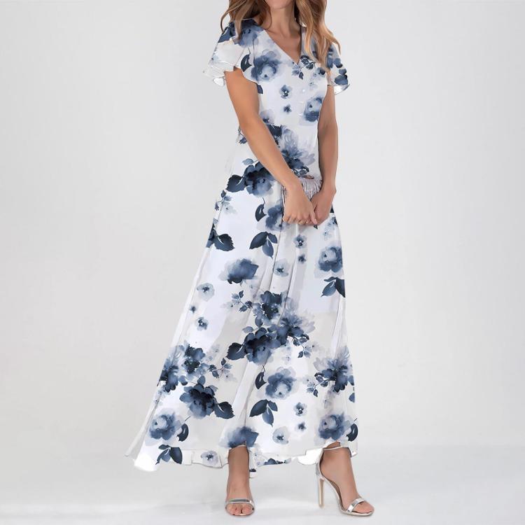 Cute Floral Maxi Dresses for Women Summer Casual Wedding Guest Chiffon Flowing Short Sleeve Dresses