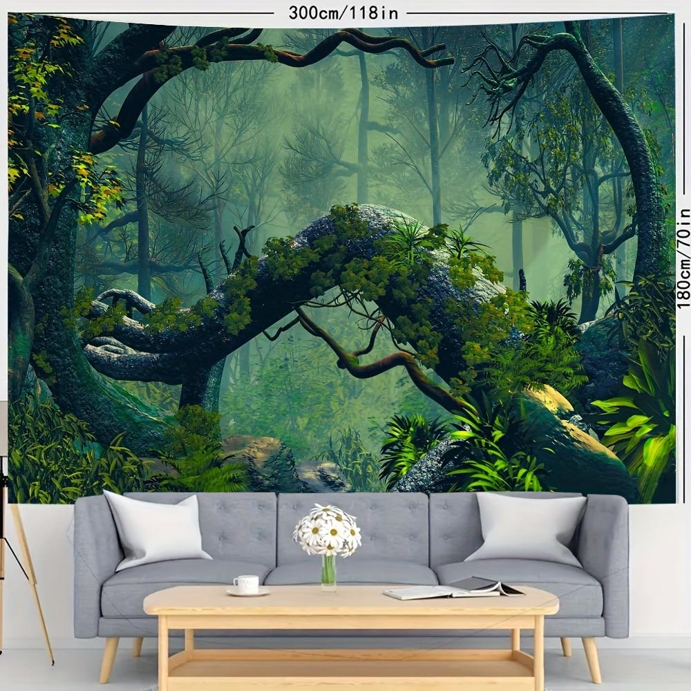 Mysterious Green Forest Tapestry Polyester Wall Hanging Boho Bedroom Living Room Decor Mossy Trees Misty Jungle